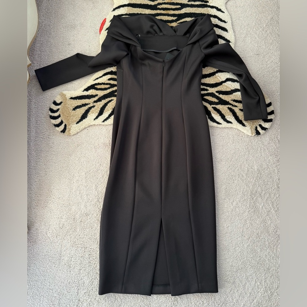 Donna Karan Black Folded Neck Off The Shoulder Long Sleeve Midi Dress Size 4 - Picture 9 of 11
